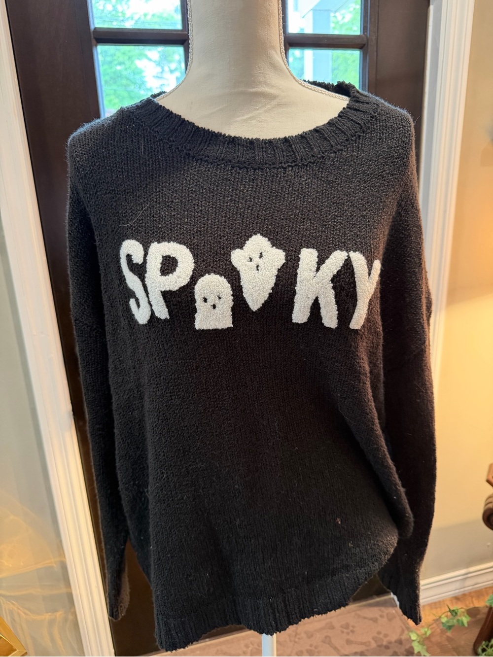 Black 'Spooky' Graphic Crewneck Sweater - Women's